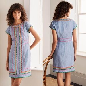 BODEN Laura Linen Chambray Dress Rainbow Embroidered Scallop Embroidered Size 6